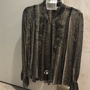 Gorgeous olive snake print top with embroidery and shell tie detail